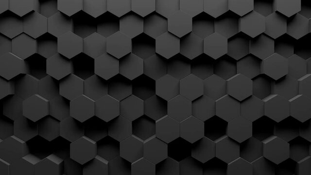 Abstract hexagon geometry background. 3d render of
simple primitives with six angles in front. Dark lighting. 

Loopable sequence.
