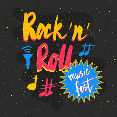 Rock 'n' Roll Music Festival . Hand drawn vector illustration, lettering, greeting card, design, logo.