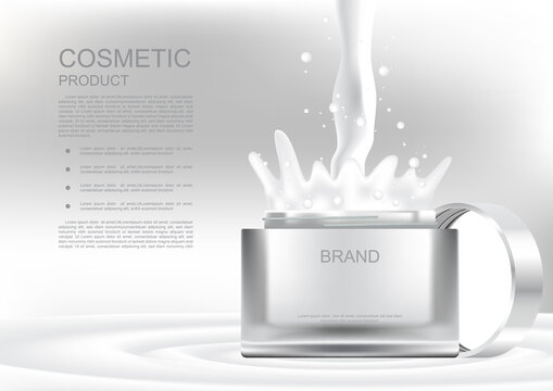 Opened cosmetic jar and pouring cream on gray background vector cosmetic ads