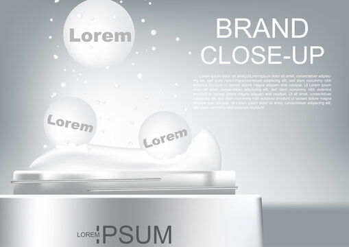 Vector cosmetic ads close up opened cream with small bubbles and template on dim light background