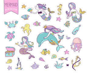 Obraz premium Under the sea - little mermaid, fishes, sea animals and starfish, vector collection
