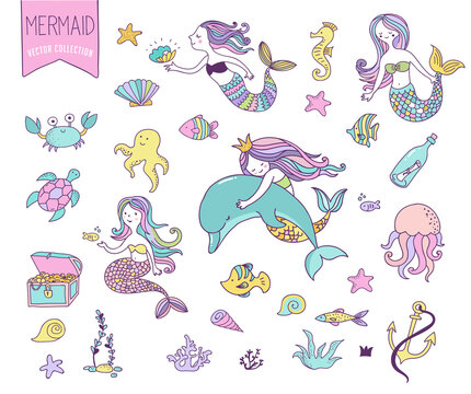 Under the sea - little mermaid, fishes, sea animals and starfish, vector collection