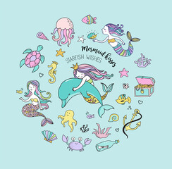 Obraz premium Under the sea - little mermaid, fishes, sea animals and starfish, vector collection