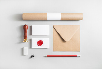 Photo of blank stationery on paper background. Corporate identity set. Branding mockup. Responsive design template. Top view.