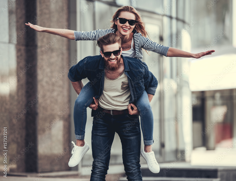 Poster couple walking in city