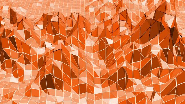 Polygonal mosaic background with vertex, spikes in cartoon modern 3D design. Abstract transforming orange low poly surface as paysage or video game in stylish low poly design. Orange low poly.