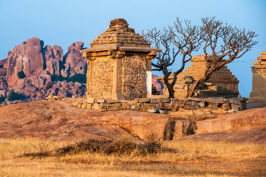 Architecture of the ancient ruins of the temple in Hampi. India.