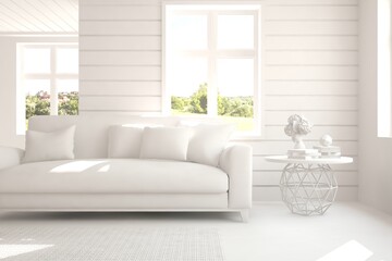White room with sofa and green landscape in window. Scandinavian interior design. 3D illustration