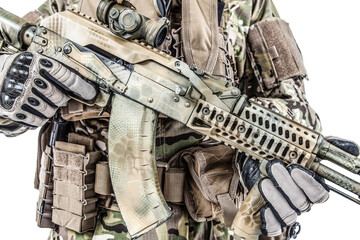 Close-up shot of Kalashnikov rifle automatic weapons in hands of army special forces soldier...