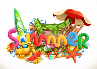 Summer beach. Summer holiday set 3d vector icon