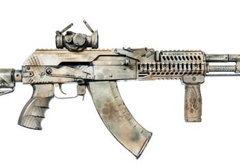 Close-up shot of Kalashnikov rifle with collimator and fire control handle, automatic weapons...