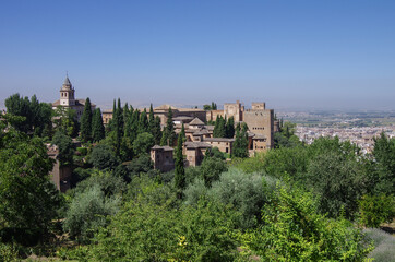 Fototapeta na wymiar General view of medieval Alcazaba fortress of Alhambra, from Generalife. Alhambra de Granada complex, Spain