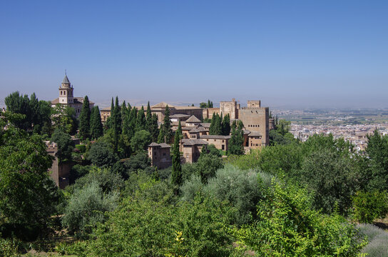 General view of medieval Alcazaba fortress of Alhambra, from Generalife. Alhambra de Granada complex, Spain