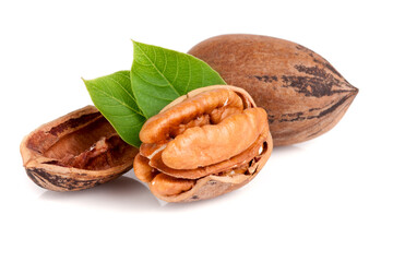 Two pecans with leaves isolated on white background