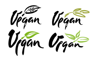 Vegan hand written calligraphy lettering with leaf for cafe menu design. Brush lettering Vector illustration.