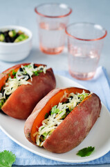 Avocado black bean cilantro stuffed sweet potato