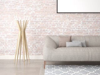 Mock up poster living room with a corner sofa on 
brick wall background.