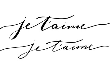 I love you in French. Handwritten black text isolated on white background, vector.