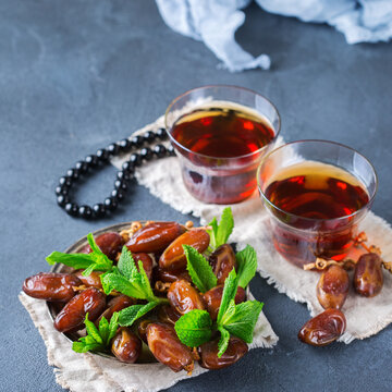 Ramadan ramazan kareem. Traditional arabic tea with mint and dates