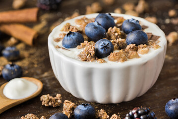 Yogurt with Fresh Blueberries on Woden Table