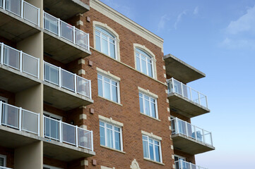 Residential building with balconies in Montreal downtown Canada.