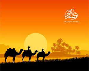 ramadan kareem sunset illustration. A man ride camel in the grass silhouette with sunset mosque, coconut tree, and sun background in ramadan moment