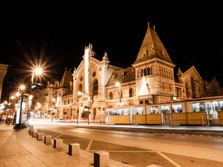 Fototapeta na wymiar Night shot of historical building of Central Market Hall in Budapest, Hungary.