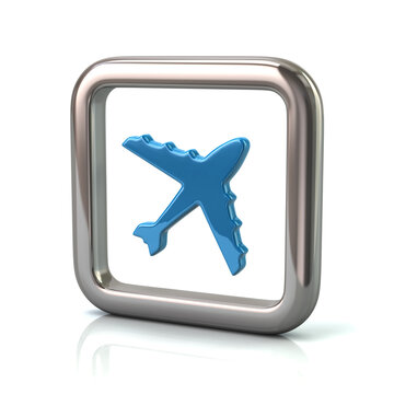 Metallic rounded square frame with blue plane icon