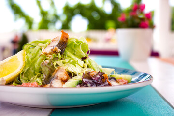 Closeup of a tasty fresh eel salad with lemon on white wooden table in the summer terrace