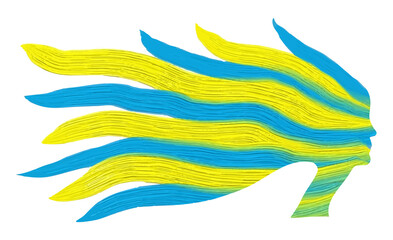 Oil Stripes Girl Face Profile with Fluttering Hair Concept - Ukrainian National Colors - Oil Paints Stroke Silhouette Template -  Vector Illustration  
