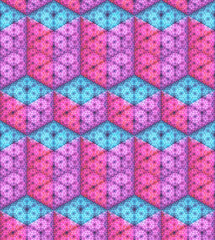 Vector seamless pattern. Isometric cubes and rectangular parallelepiped made of hexagon particles.