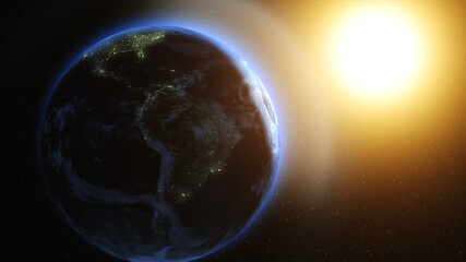 Sunrise over the Earth. Imaginary view of planet earth in outer space with the rising sun.