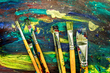 Color oil painting texture with brushes for bright background
