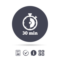 Timer sign icon. 30 minutes stopwatch symbol.