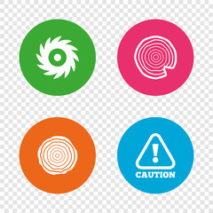 Wood and saw circular wheel icons. Attention.