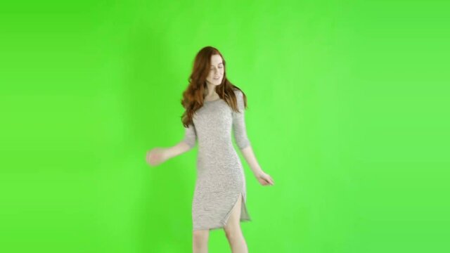 caucasian woman studio greenscreen isolated sexy skinny 20s 4k casual long dress