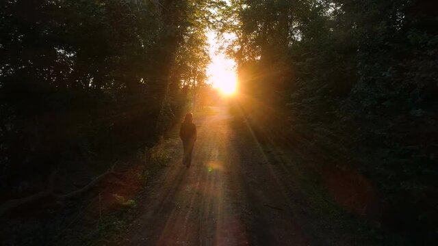 Young woman walking through dark woods into sunset