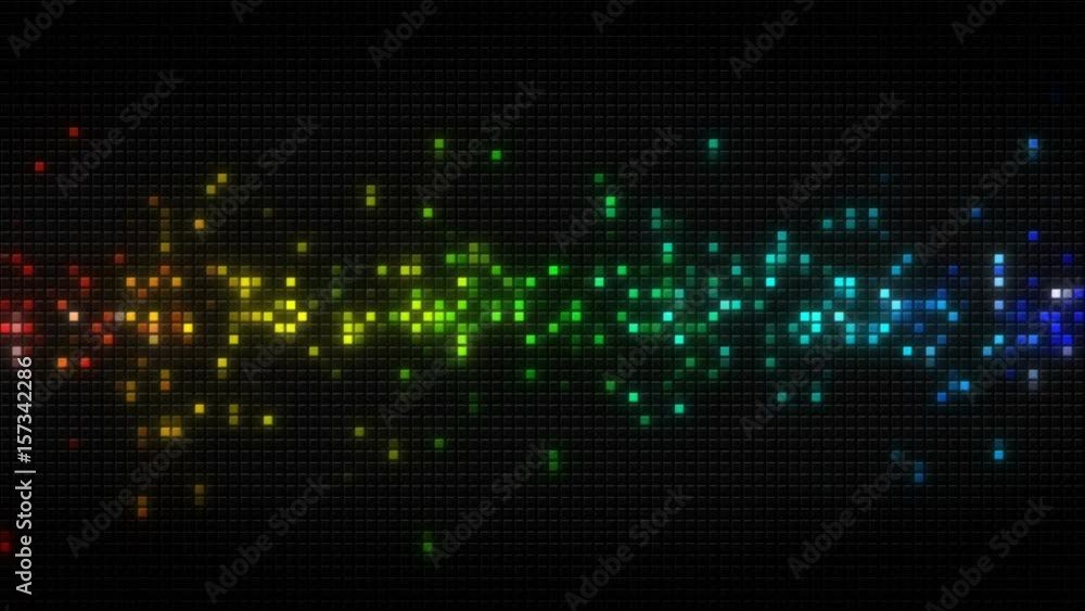 Poster rainbow spectrum glowing cubes on black tiles. computer generated abstract loopable background 4k uh