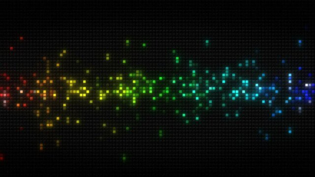 Rainbow spectrum glowing cubes on black tiles. Computer generated abstract loopable background 4k UHD (3840x2160)
