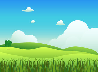 Fototapeta premium Meadow landscape with grass foreground, vector illustration.Green field and sky blue with white cloud background