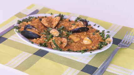 food, paella, rice, seafood, spanish, recipe, dish, pan, prawn, cuisine