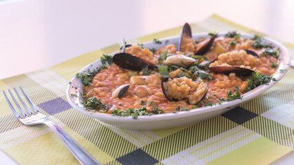 food, paella, rice, seafood, spanish, recipe, dish, pan, prawn, cuisine