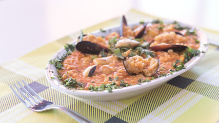 food, paella, rice, seafood, spanish, recipe, dish, pan, prawn, cuisine