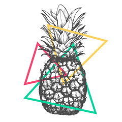 Vector hand drawn pineapple on white background. Exotic tropical fruit. Sketch. Pop art. Goods for invitations, greeting cards, posters. - 157343804