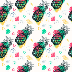 Seamless pattern. Hand drawn pineapples on white background with tropical leaves. Perfect for wrapping paper, posters, fabric print. Vector illustration.