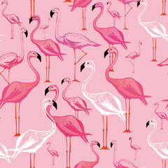 Obraz premium Flamingo seamless pattern. Vector background design with flamingos for wallpaper, fabric, textile.