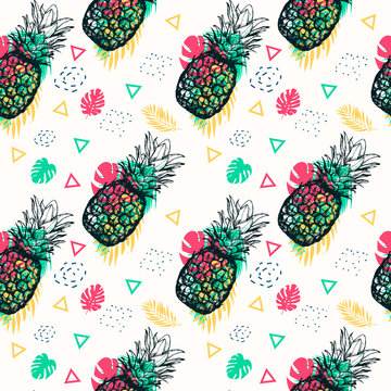 Seamless pattern. Hand drawn pineapples on white background with tropical leaves. Perfect for wrapping paper, posters, fabric print. Vector illustration.