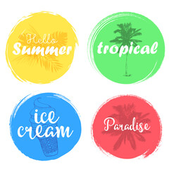 Set of colorful universal use circles, signs, badges, stickers, backgrounds for advertising, text, business, promotion. Summer hand written lettering.