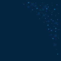 Sparse glowing snow. Top right corner on deep blue background. Vector illustration.