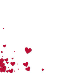 Red stitched paper hearts. Messy bottom left corner on white background. Vector illustration.